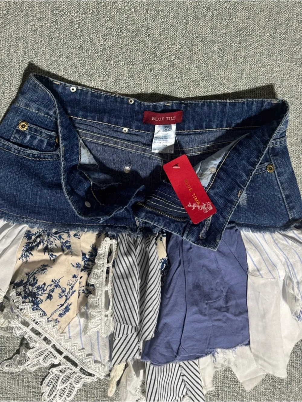 🆕WT Blue Time Upcycled Patchwork Denim Mini Skirt XS Boho Ruffle Hem